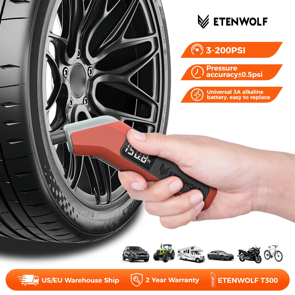 ETENWOLF T300 Medidor de pressão digital de pneus 3-200 PSI calibrado para ANSI B40.7 Grau 2A Medidor de pneus industrial 3A Baterias