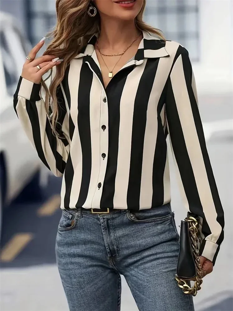 Women Spring Autumn Style Blouses Shirts Lady Casual Long Sleeve Turn-down Collar Striped Printed Blouse Tops