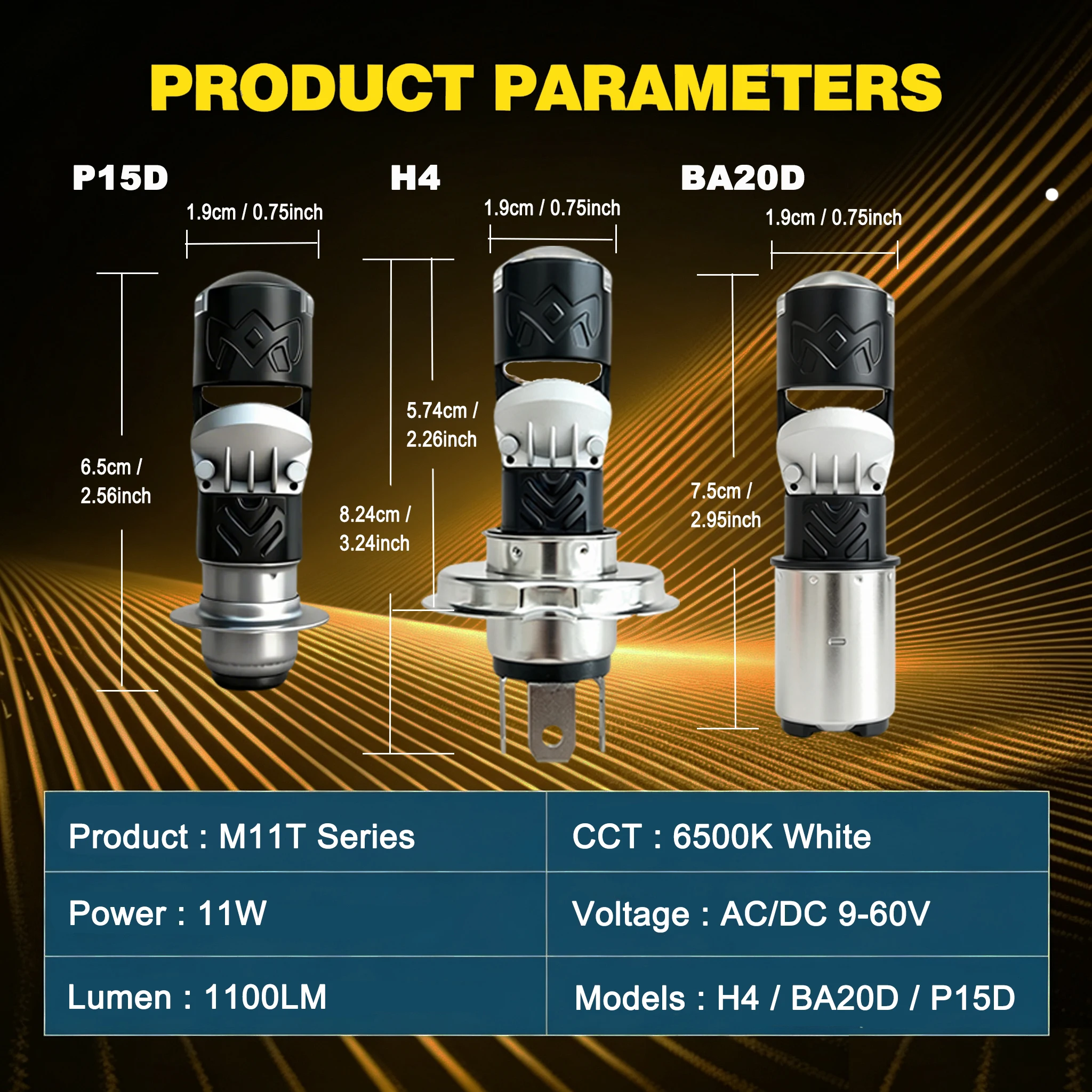 1pc Mini Projector LED Headlight Bulb Low&High Beam H4/HS1 BA20D/S2 P15D/H6M/T19 White 11Watts AC/DC9-60V for Motorcycle ATV UTV