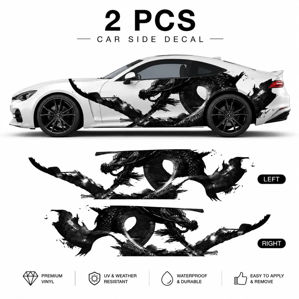 Dragon Car Side Decal Sticker, Black Ink Art, 2 Pcs Set, Self-Adhesive PVC Waterproof & Scratch-Resistant Stickers