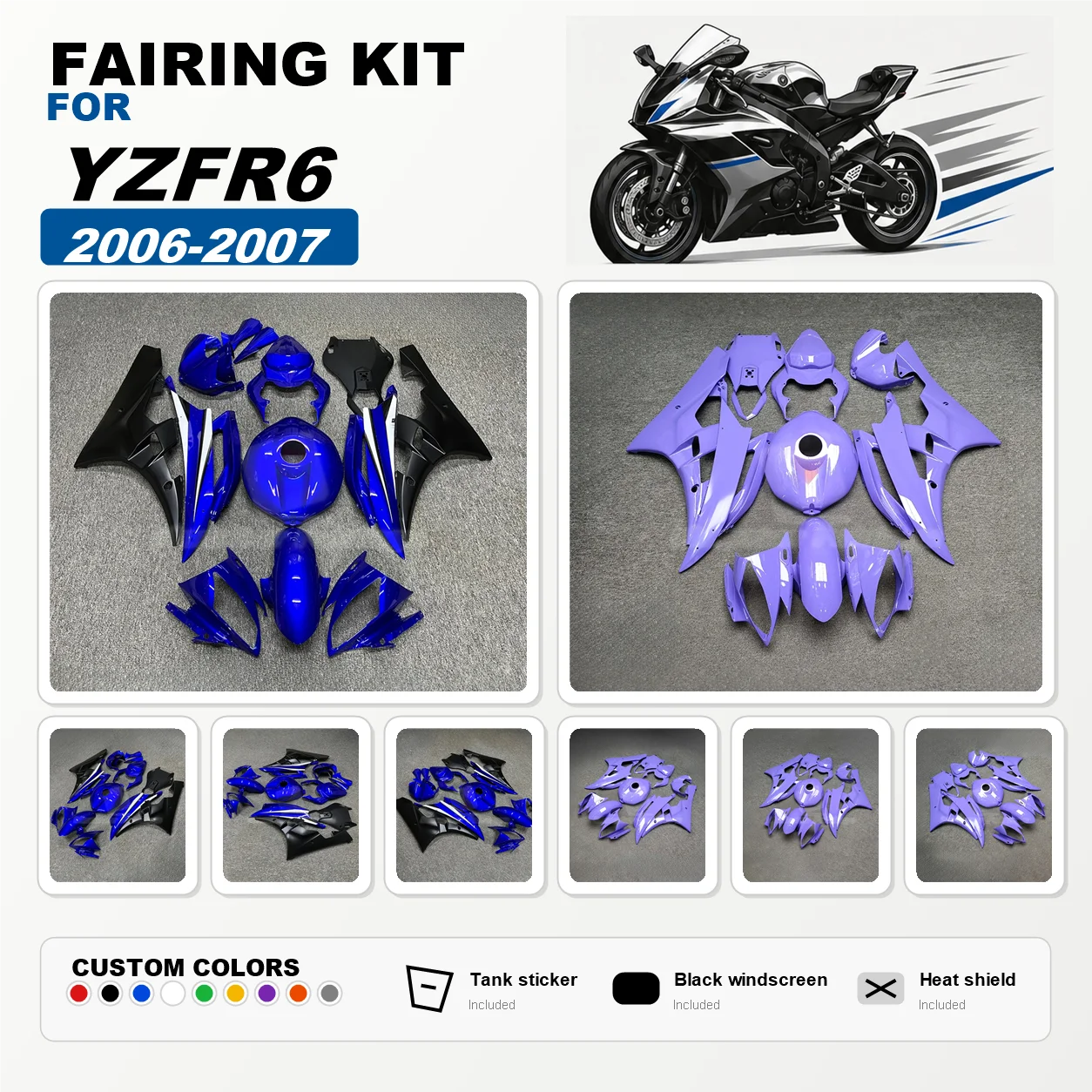 ABS Motorcycle Bodywork Fairing Kit for YZF-R6 2006-2007 Blue Black Complete Set Fairings 06 07 YZFR6