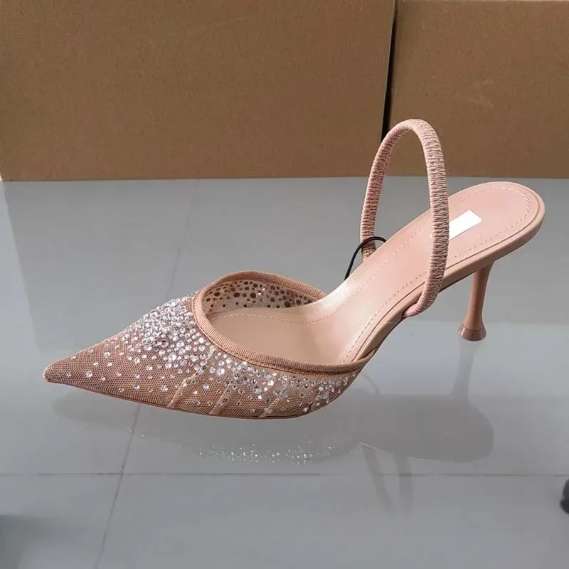 Luxury Broken Drill Diamond Mesh Fabric Women Sandals 2024 Summer Slingback Elegant Pointed Toe High Heels Fashion Lady Shoes