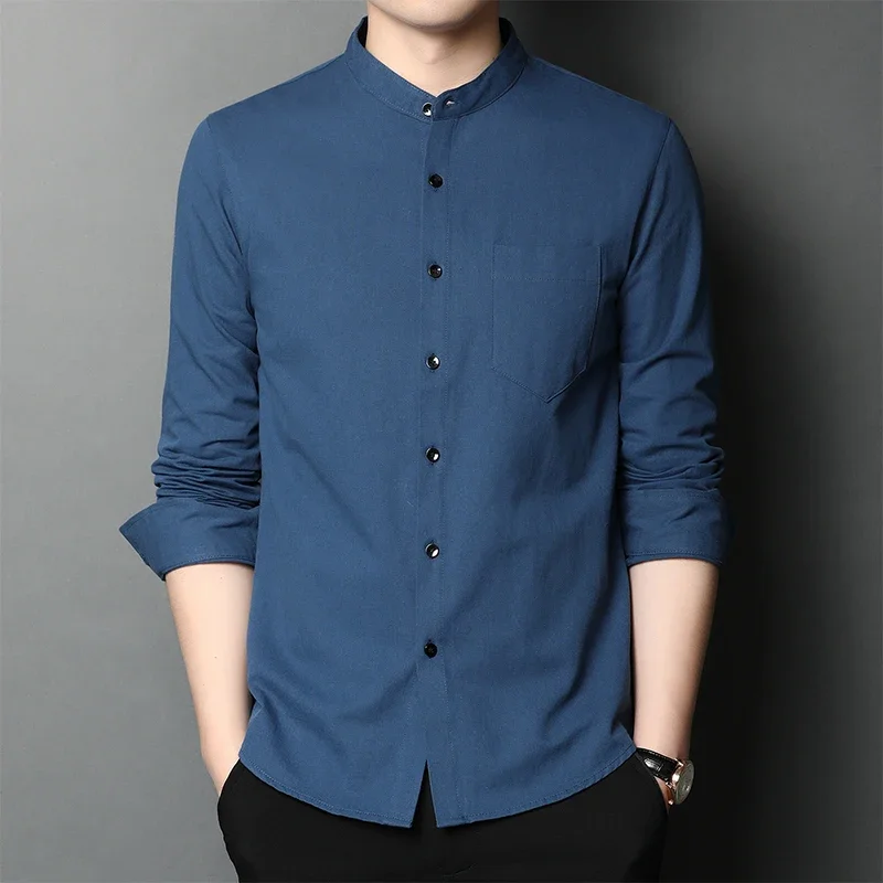 New Men\'s Standing Collar Casual Shirt Cotton Comfortable Long Sleeved Top