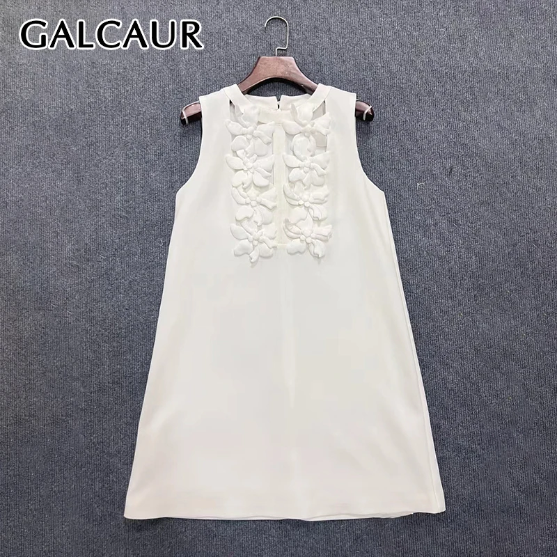 

GALCAUR Hollow Out Mini Dress For Women Round Neck Sleeveless High Waist Spliced Appliques Summer Slim A Line Dresses Female New