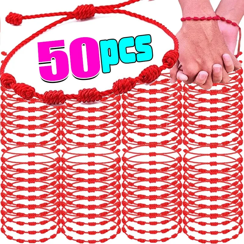 50pcs Handmade 7 Knots สร้อยข้อมือสีแดงสําหรับคนรักป้องกัน Lucky Amulet และมิตรภาพ Braid เชือกสายรัดข้อมือเครื่องประดับของขวัญ