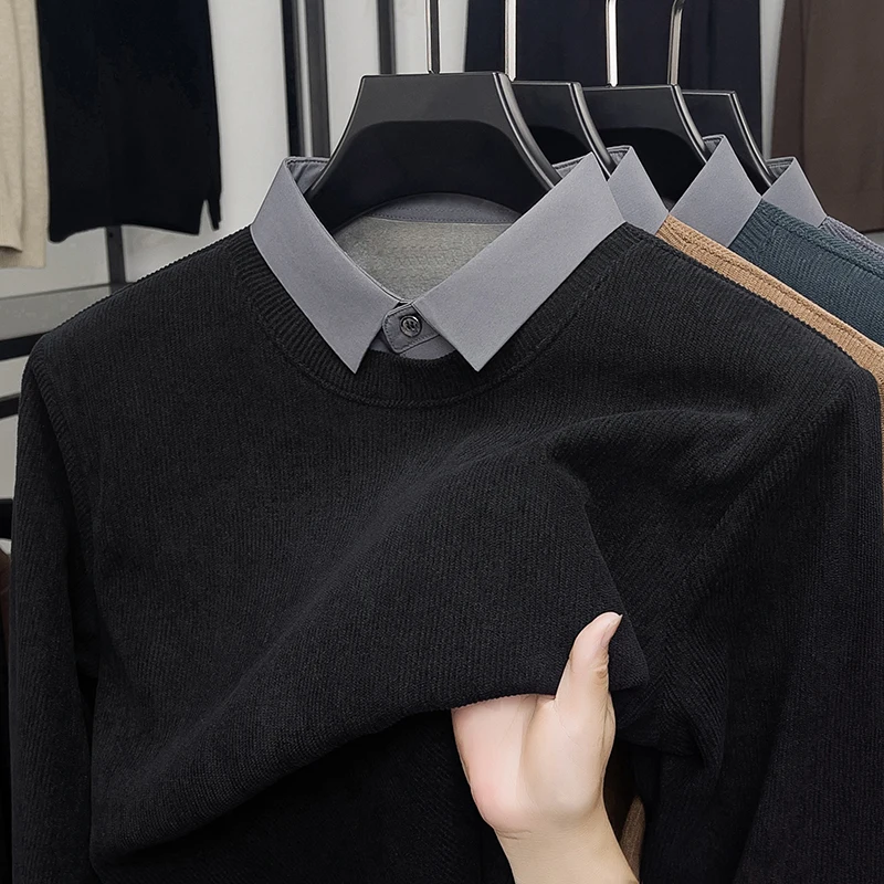 

New Autumn and Winter Holiday Two Piece Men's Long Sleeved Plus Plush Thick Casual Solid Color Lapel Top Base Shirt