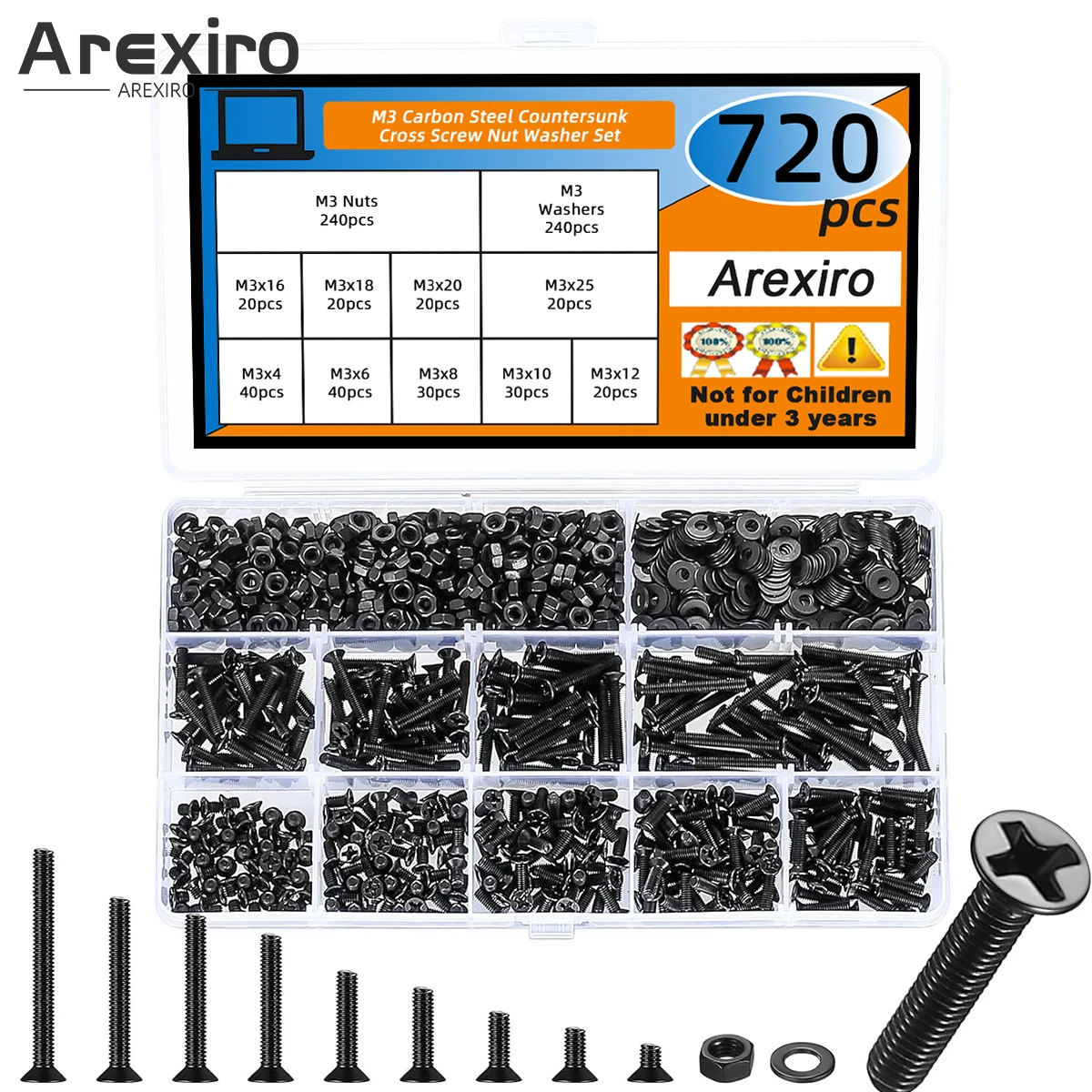 

720Pcs M3x4/6/8/10/12/16/18/20/25mm Black Cross Flat Head Carbon Steel Screw and Nut and Washers Set