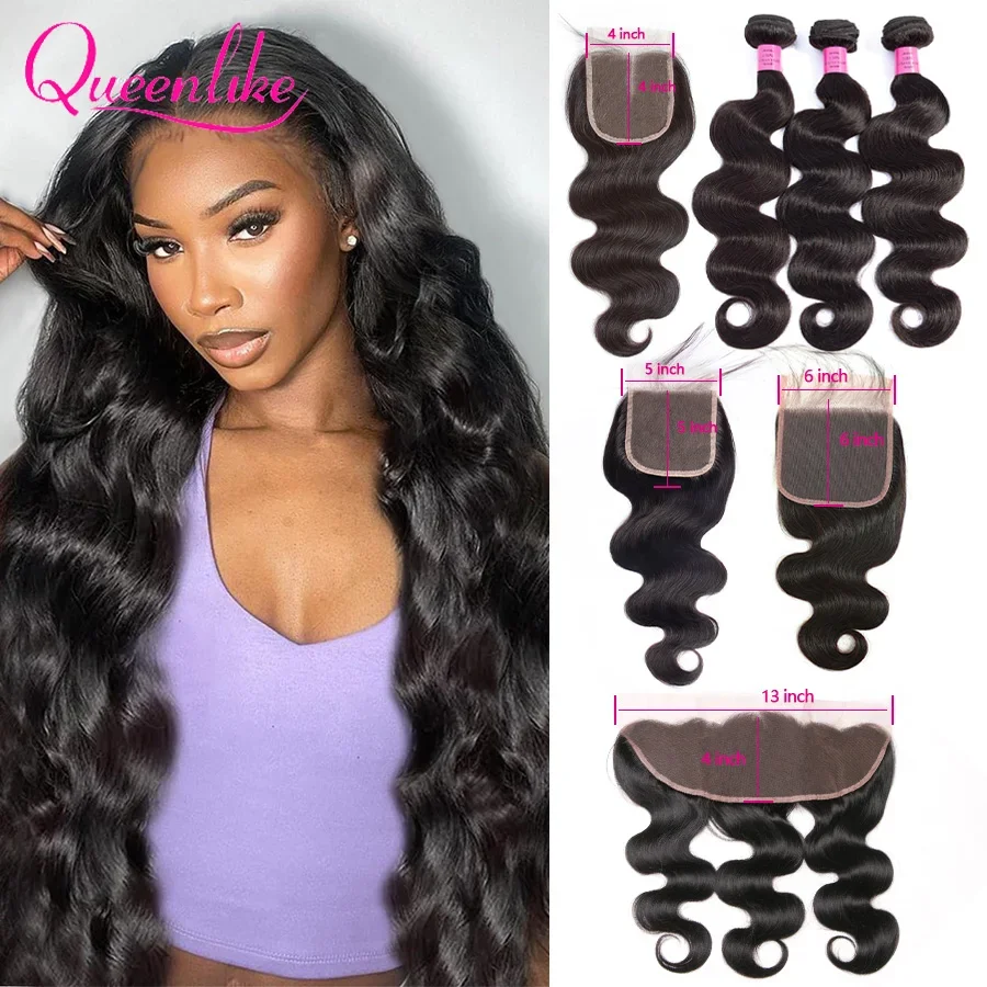 Queenlike 30 34 40 inch Body Wave Bundles 100% Human Hair with 4x4/5x5/6x6 Lace Closure 13x4 Frontal Closure with Thick Bundles