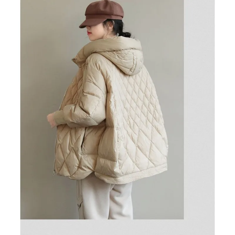 Women's New Style White Duck Down Down Jacket Shell Hooded Large Size Diamond Pattern Loose Fit Plus Size Mid-Length Outerwear