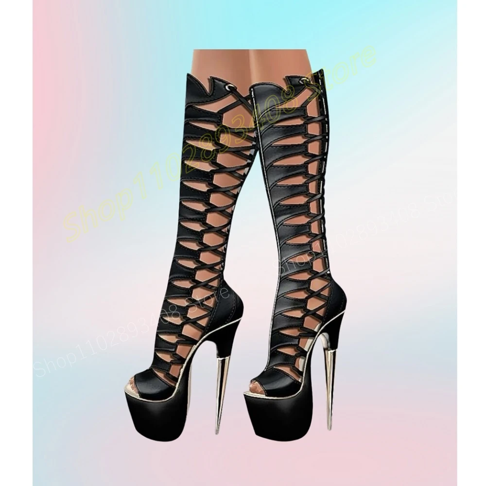 

Black Cross Tied Strappy Hollow Mid Calf Boots Open Toe Stiletto High Heel Sexy Fashion Women Shoes 2024 New Zapatos Para Mujere