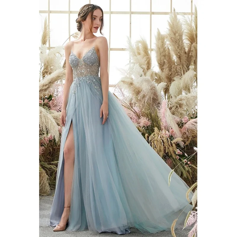 Luxury Evening Gowns Appliques Spaghetti Strap Backless Prom Dresses Sexy A-line Bridesmaid Gown For Women Wedding Party Dress