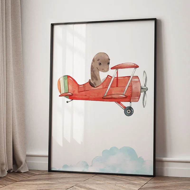 Cartoon Dinosaur Airplane Car Racing Car Poster Canvas Painting Posters Prints Dino Animal Nursery Wall Art Baby Kids Room Decor