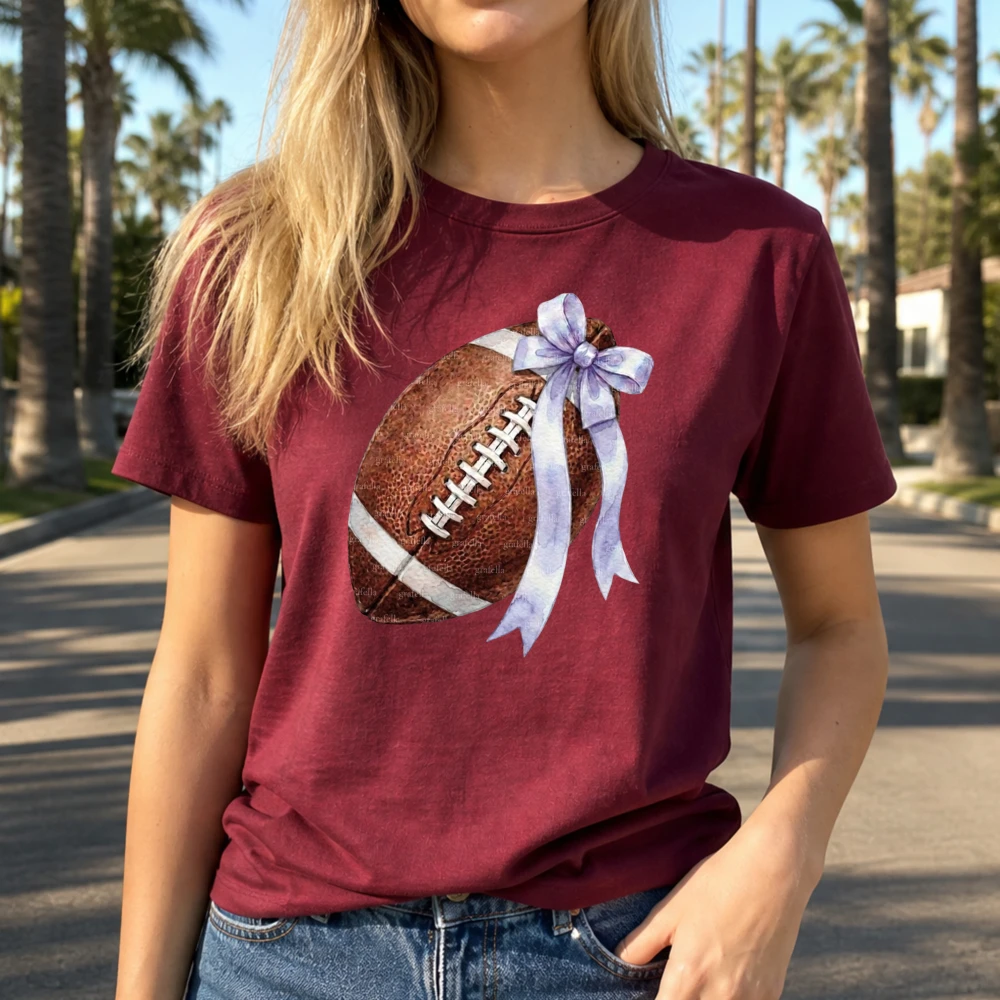 Rugby Football with Bow Tie Graphic T Shirt Women Game Day Shirt Sport Lover Gift Trendy Fashion Clothes Sporty Athleisure Wear