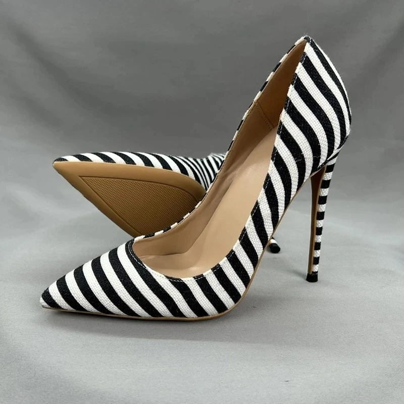 Veowalk Fashion Women Striped High Heels 12Cm Stiletto Pointed Toe Pumps Elegant Canvas Dress Shoes For Nightclub Evening Party