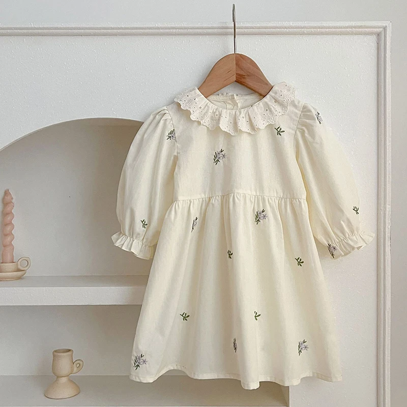 

Girls Puff Sleeved Birthday Party Dress Autumn Kids Dress Vestidos Cotton Children Elegant Embroidered Flowers Dresses Clothes