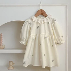 Girls Puff Sleeved Birthday Party Dress Autumn Kids Dress Vestidos Cotton Children Elegant Embroidered Flowers Dresses Clothes
