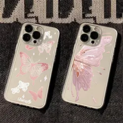 Pink Butterfly Luxury Shockproof Transparent Case For iPhone 15 14 13 12 11 Pro Max 15 14 Plus Bumper Cases Cover