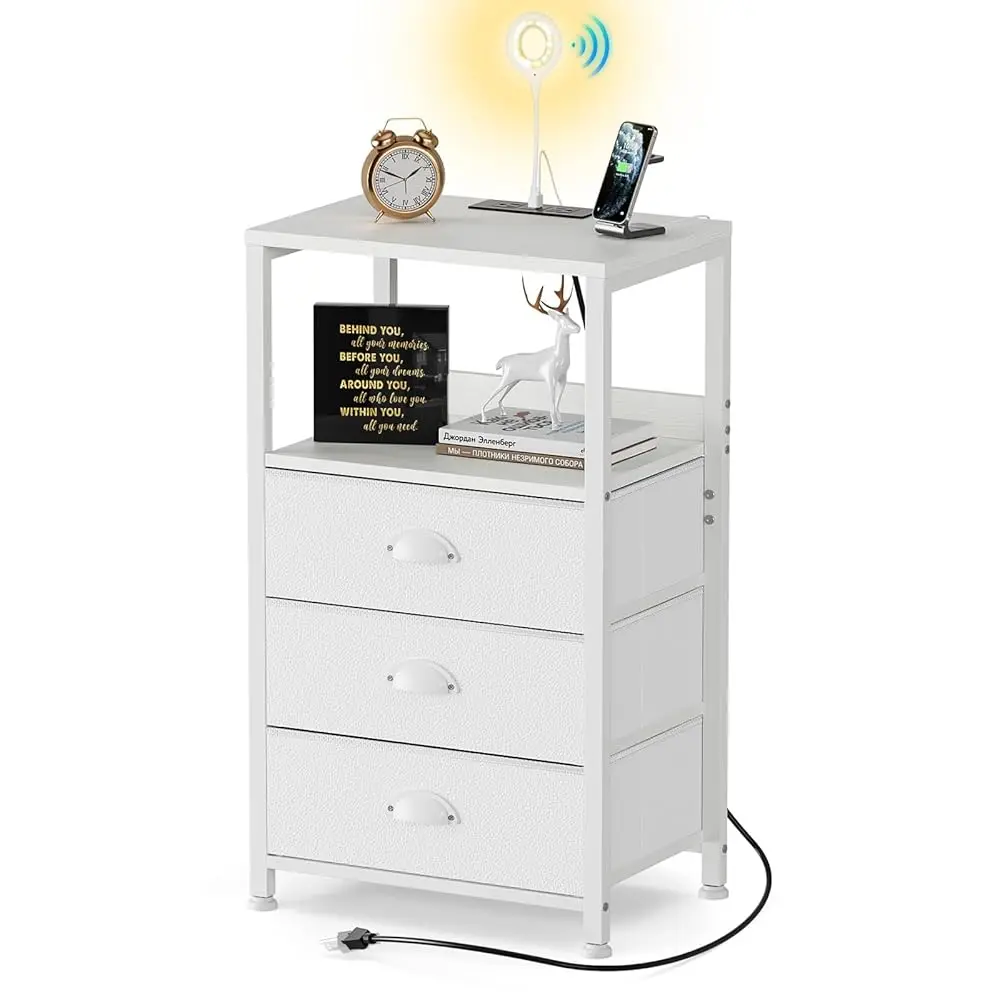 

White Nightstand With Charging Station & Voice Control Led Light, 28.3"" Night Stand With 3 Fabric Drawers, End Table Side