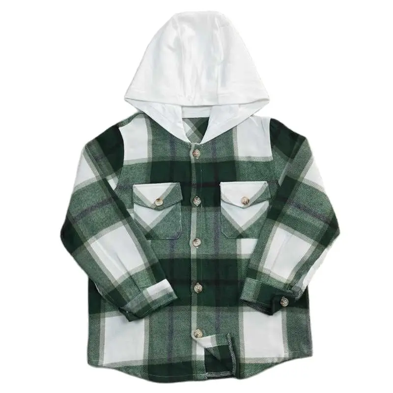 

2 Boys Green Plaid Hooded Long Sleeve Shirt