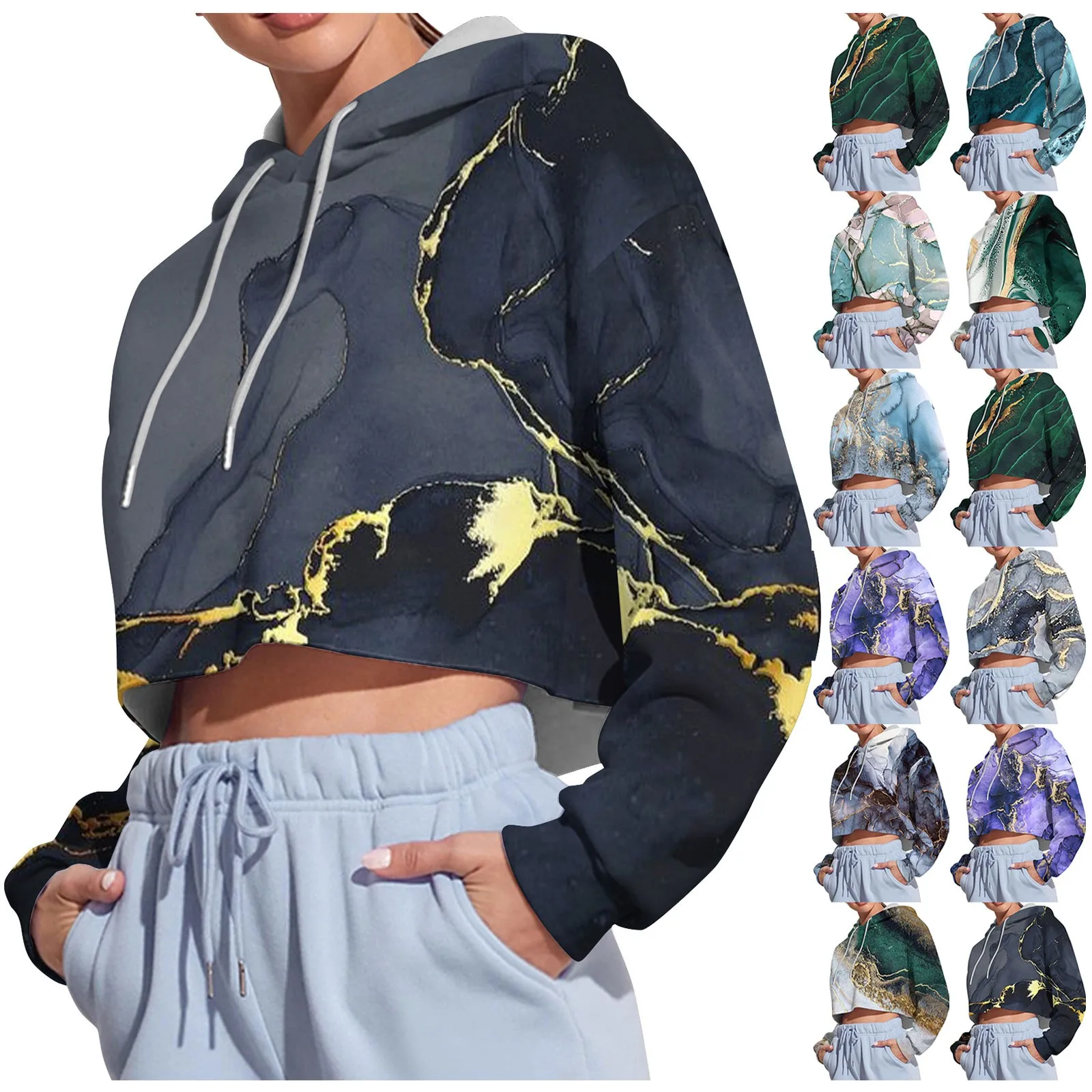 Fashion Marble Printed Hoodies Women's Short Hooded Pullovers Y2k Clothing Ladies Sweatshirt Long Sleeve Tops 2023 New