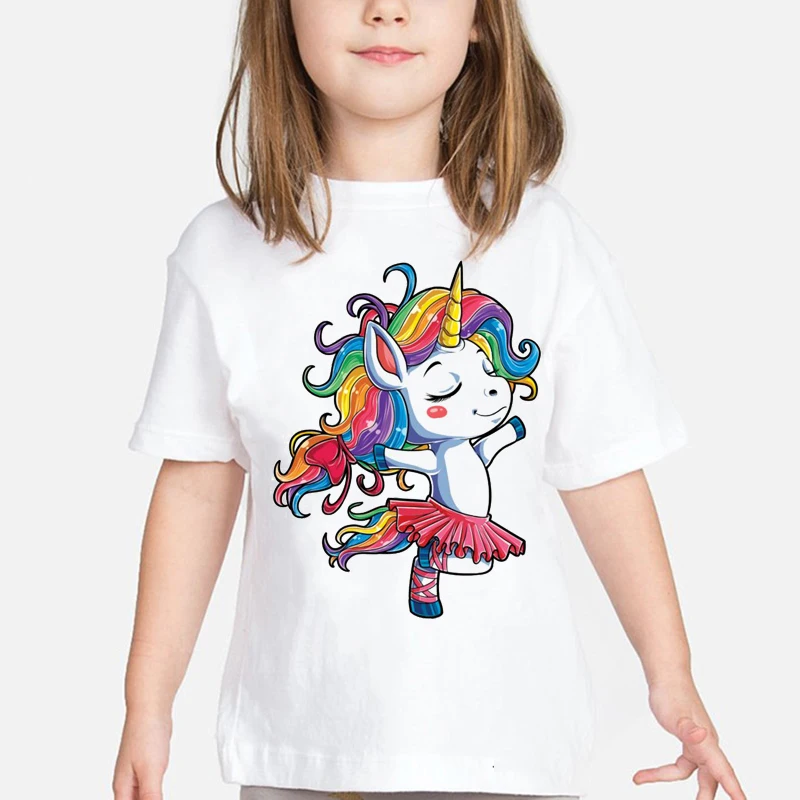 Ballet Dancer Unicorn T-shirt Children Girls Rainbow Ballet Dancer Gift Party T-shirt Children's Clothing Summer Top