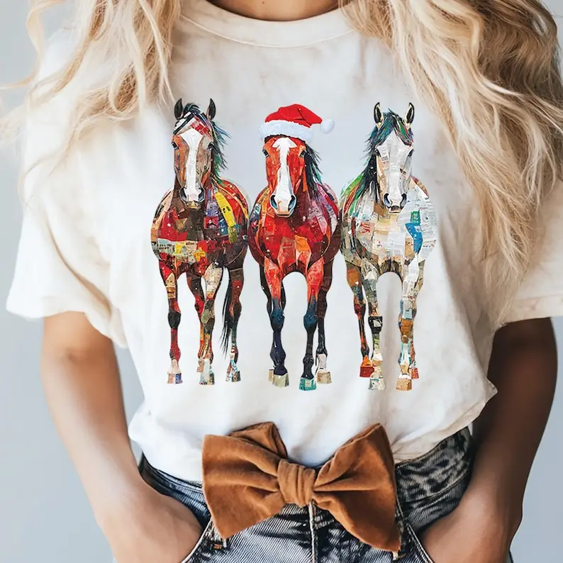 Western Christmas Cowboy Colourful Horse Lover Farm Animal Country New Year Xmas Gift Short-sleev Printed T-shirt Tops