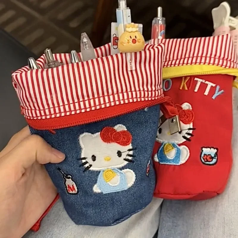 Cute Hellokittys Denim Handbag Sanrios Girly Heart Anime Kawaii Large Capacity Stationery Pen Bag Portable Commuting Storage Bag