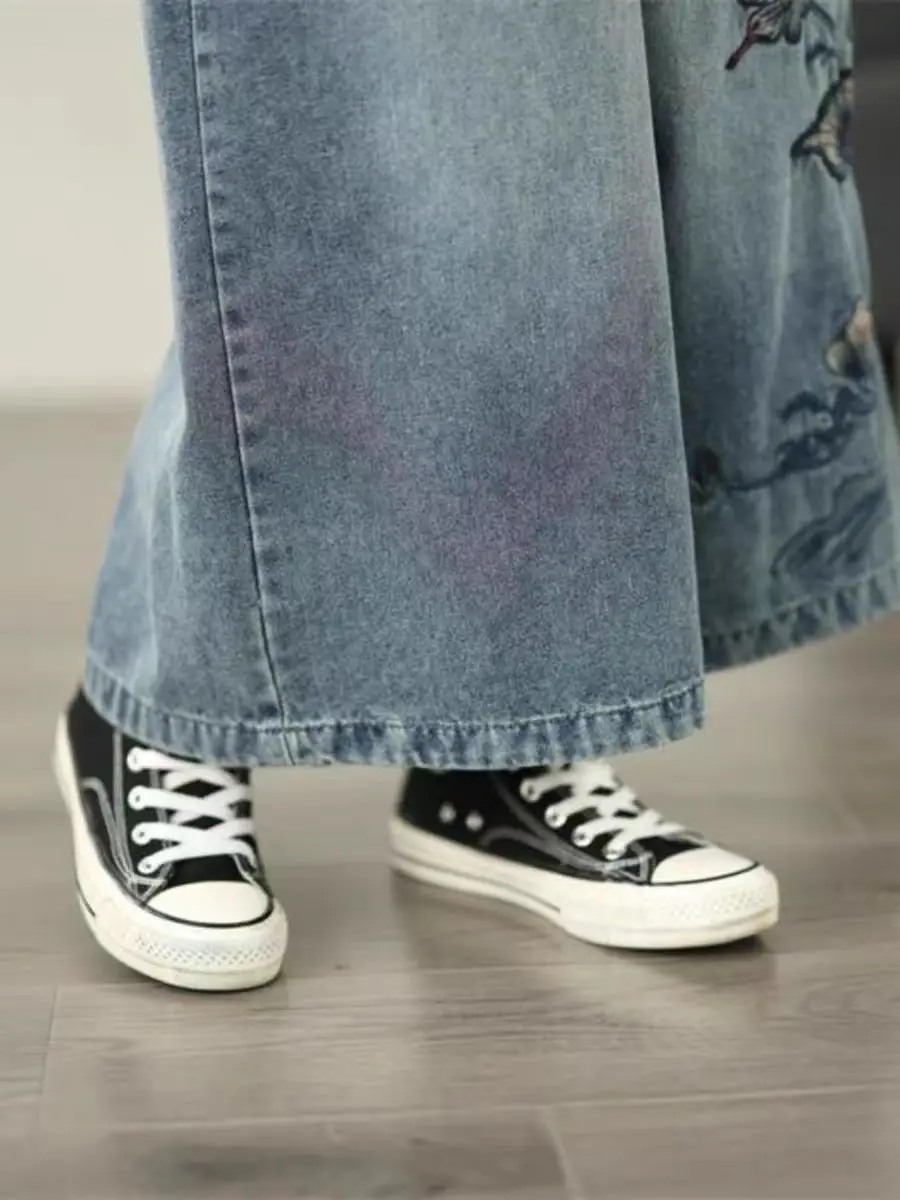 

Retro Embroidered Denim Wide Leg Pants Women's Summer 2025 New plus Size Elastic Waist Slimming Nine-Piece Skirt