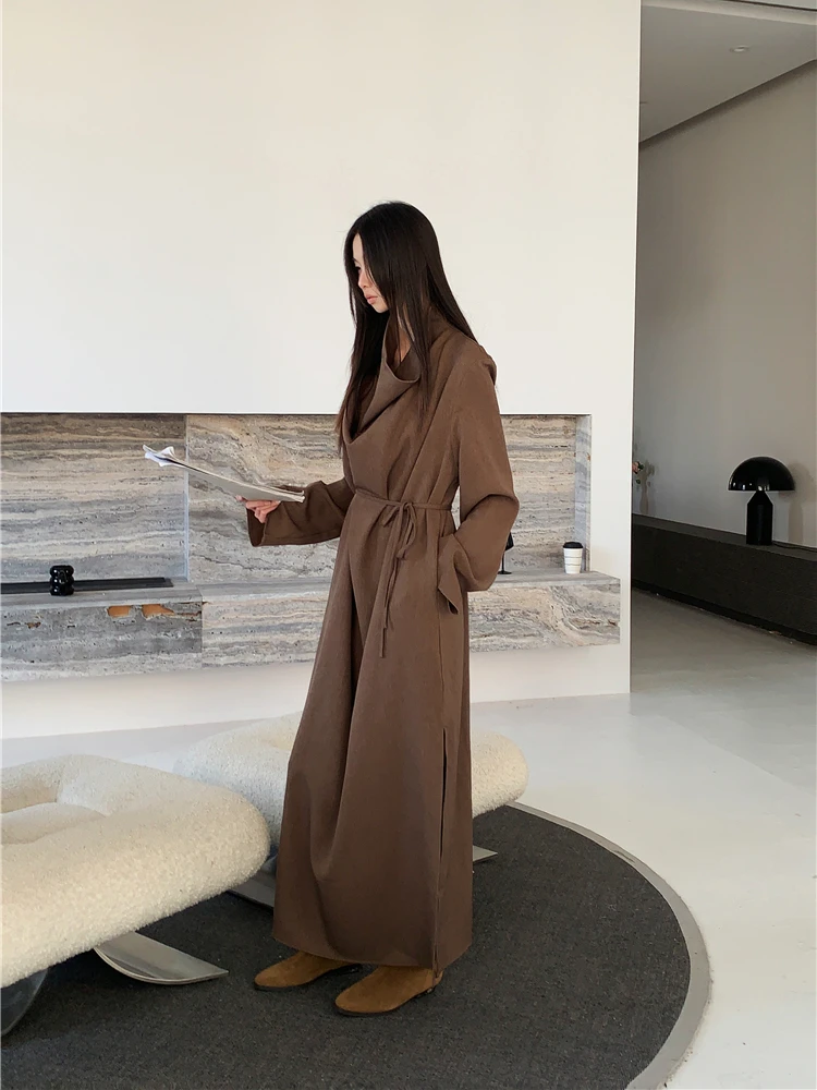 CHEERART Designer Brown Lace Up Maxi Dress For Women Long Sleeve Oversized Long Dress High Fashion Trendy Clothes