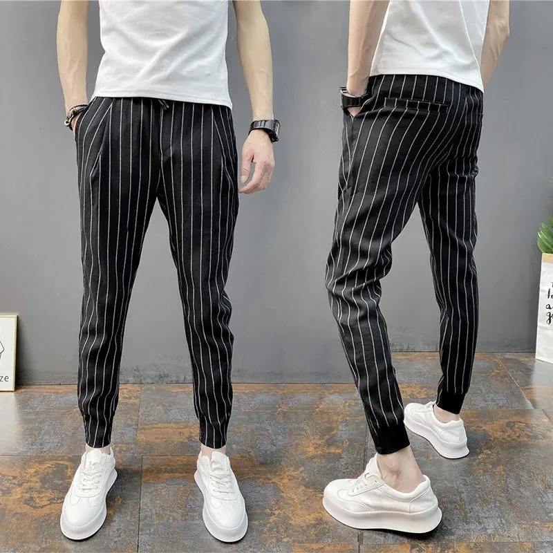 Spring Summer Thin Stripe Harlan Pants Men Trend Youth Nine-Point Pants Wild Casual Korea Fashion Elastic Slim Trousers Male New