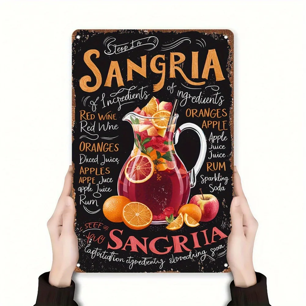 لافتة فنية جدارية معدنية مسطحة ثنائية الأبعاد، قطعة واحدة من وصفة سانجريا العتيقة - ديكور مطبخ ريفي مع توضيح المكونات، ديكور المنزل والبار