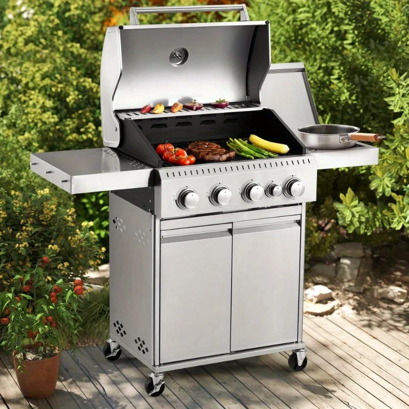

4-Burner Propane Gas Grill 42,000 BTU with Stainless Steel Body & Cast Iron Grates, Side Burner for Outdoor BBQ, Patio, Camping