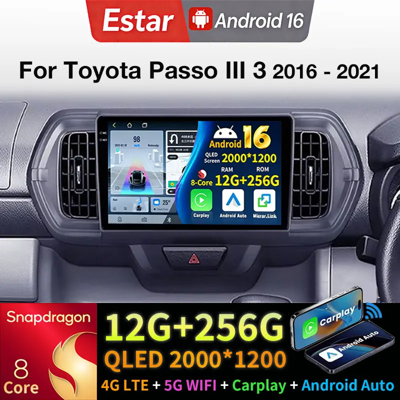 Android 16 Car Radio For Toyota Passo III 3 2016 - 2021 GPS Multimedia Player Navi Head Unit Stereo Wireless Carplay BT DSP QLED