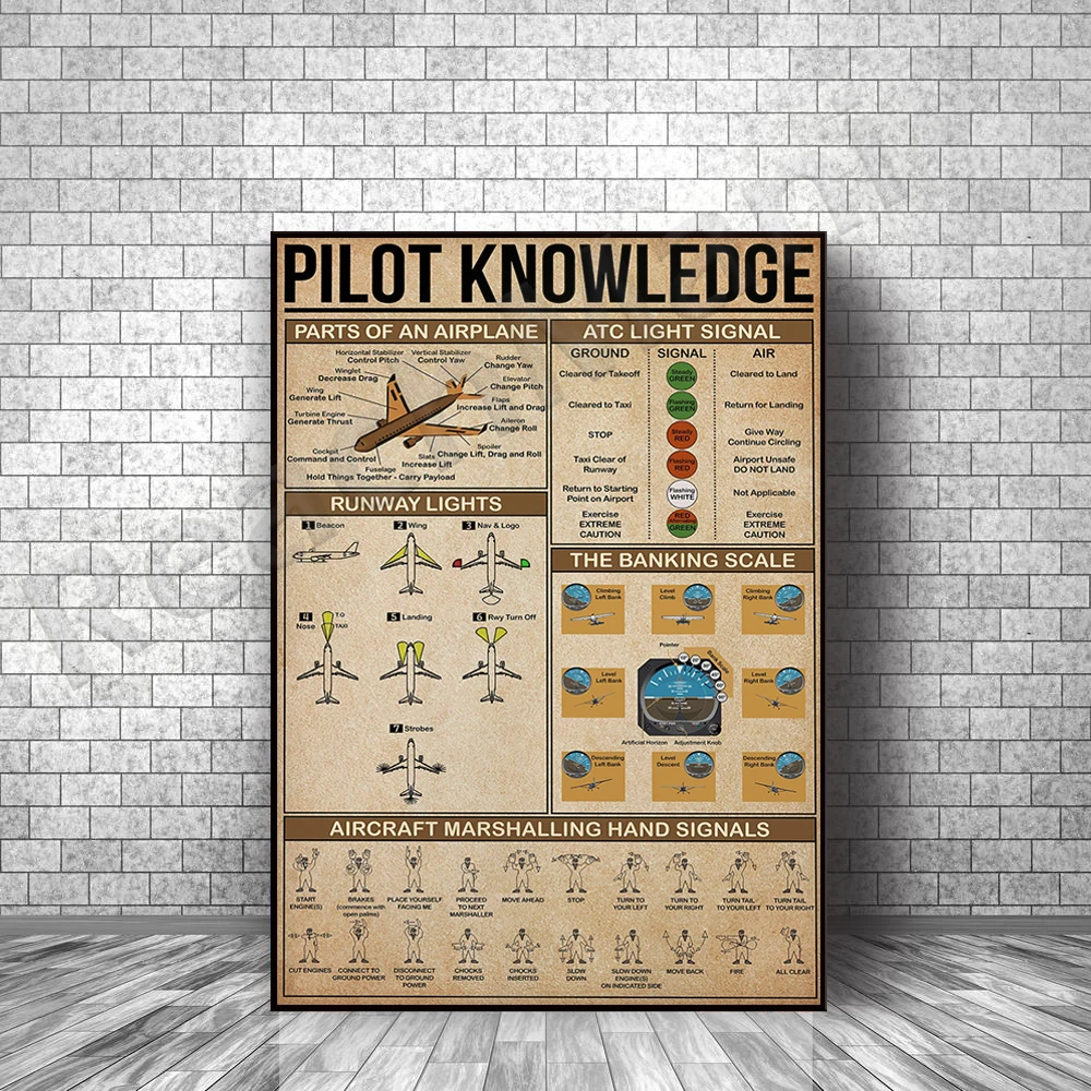 Pilot Poster | Pilot Knowledge Poster | Part of Aircraft Poster, Pilot Poster Gift, ATC Light Signal Print, Vintage Pilot Art