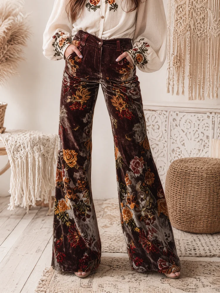 Women's Velvet Printed Long Pants, High-Waisted vintage Long-Style Rose Flower Wine Red Pleated Pants, with Bohemian Country Style, Suitable for Daily Casual Wear in Autumn and Winter