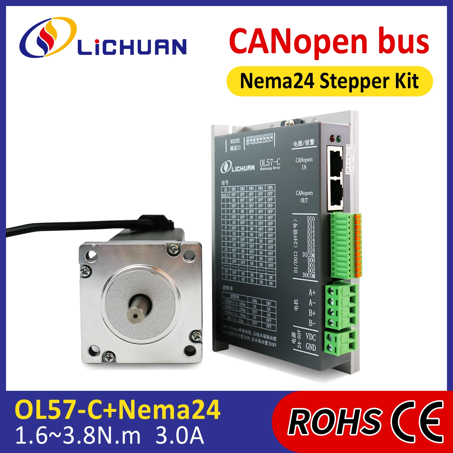 Lichuan DC24V～50V 3A 2 Phase Nema24 Stepper Motor Controller Kit 1.6/2.1/2.5/3.1/3.5/3.8N.m Open Loop Stepper Motor Drivers Kit