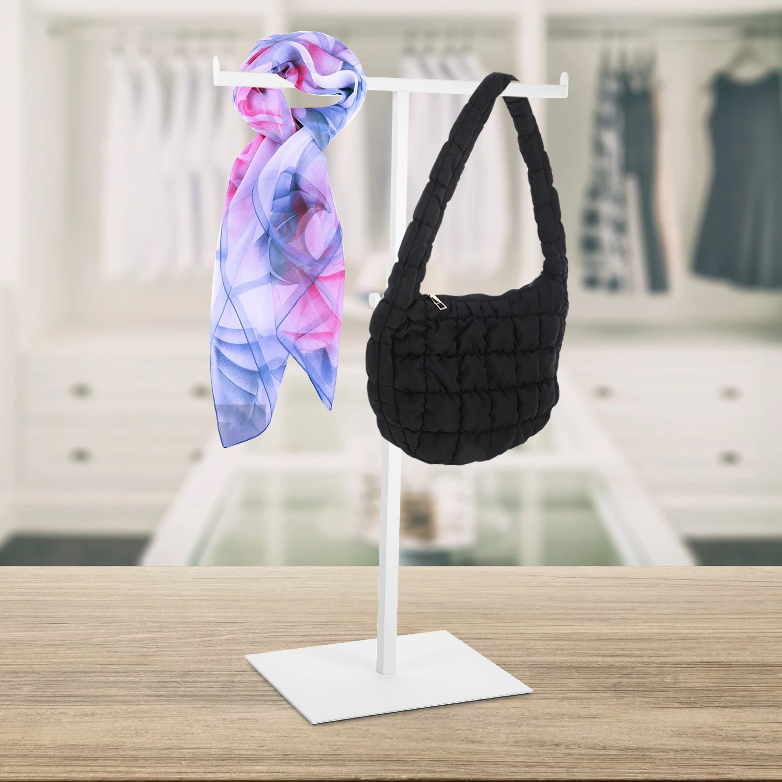 

T-Shaped Display Stand Stainless Steel Adjustable Handbag Rack White Multi-Functional Bag Holder Closet Purse Hanger Storage