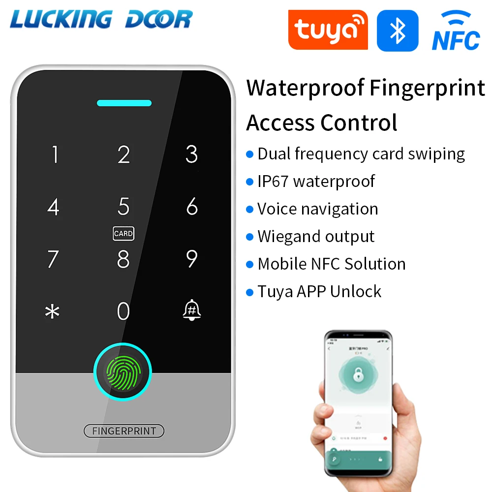 Outdoor NFC Tuya Fingerprint Access Control Keypad IP67 Waterproof RFID 125Khz & 13.56MHz IC Biometrics Door Opener with Gateway