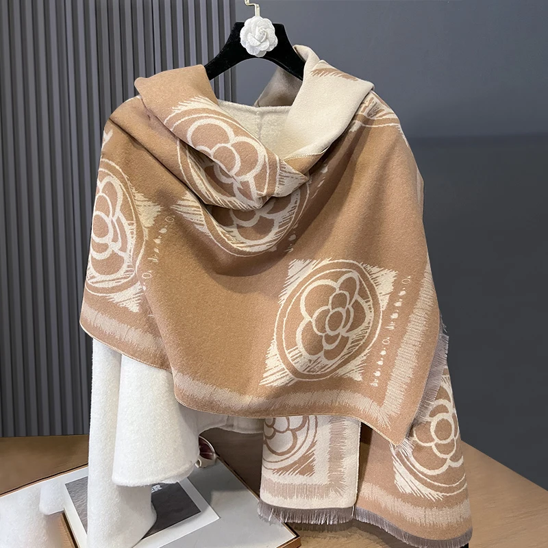 New Luxury Winter Camellia Two-Sided Cashmere Jacquard Scarves High Quality Women Thicken Wrap Shawl Ladies Wool Pashmina Scarf