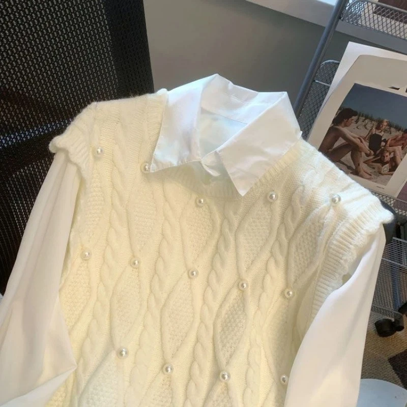 Franse zachte stijl zoet vest met kralen Vest dames lenteontwerp Premium poloshirt met klokmouwen, tweedelig pak