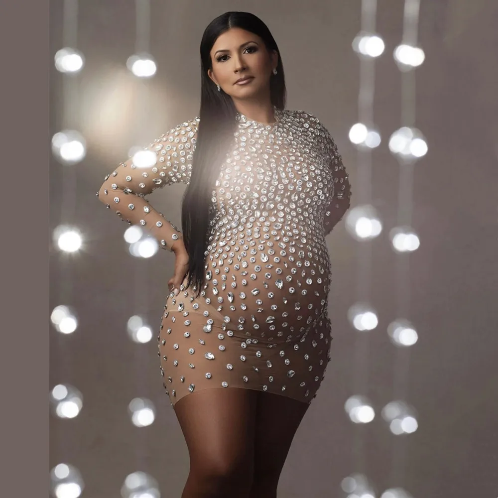 Luxury Rhinestone Tulle Maternity Photography Dresses Full Sleeve Crystals Pregnancy Photoshoot Dress Stretchy