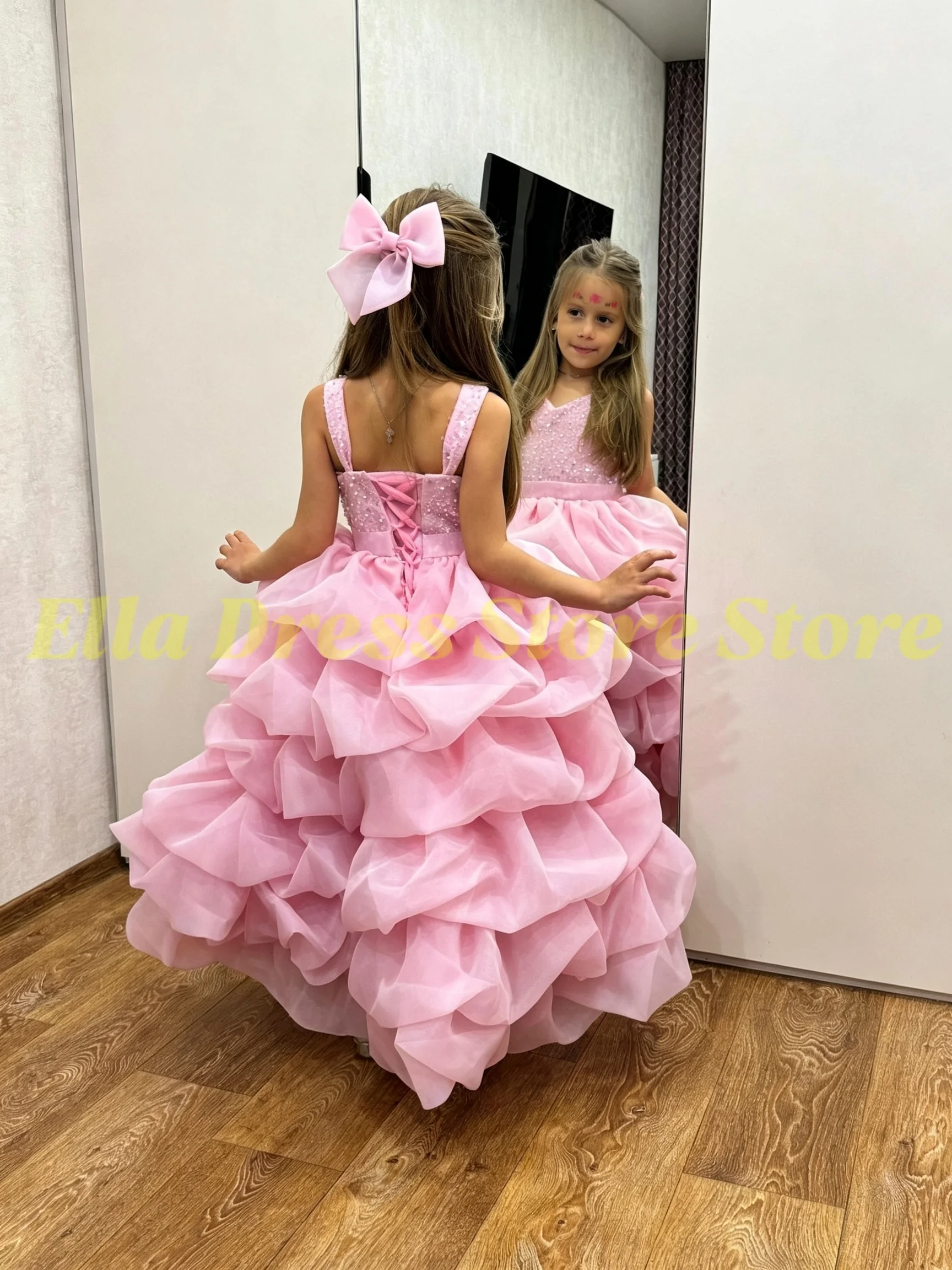 Wholesale Customized Tulle Flower Girl Dress For Wedding Layered Puffy Sequins Kids Birthday First Communion Party Ball Gowns