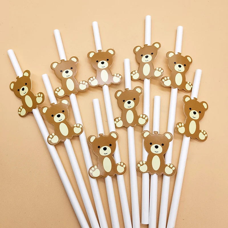 10pcs Cute Cartoon Baby Bear Teddy Bear Straw For Kids Birthday Baby Shower Party Disposable Decoration Straw Supplies Kid Favor