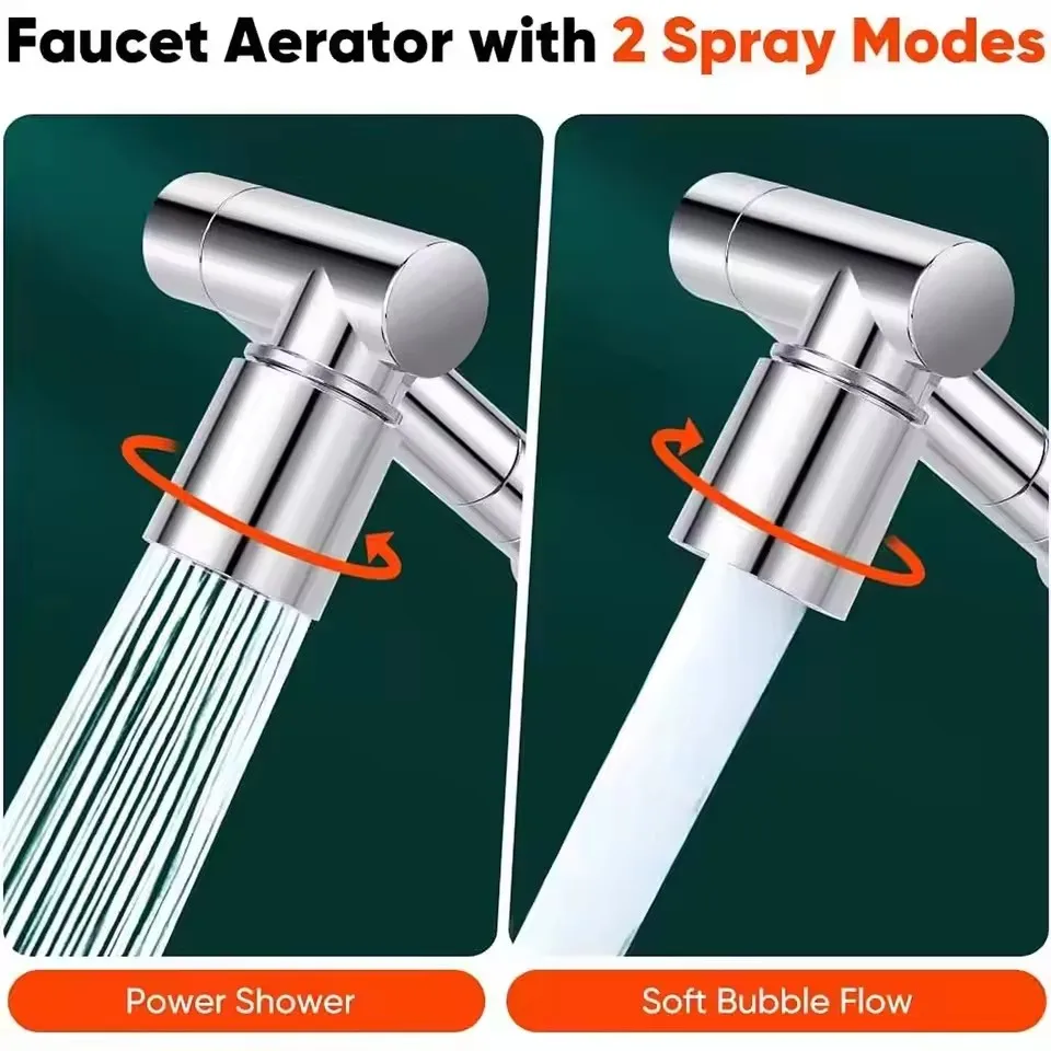 Upgraded Metal 1440° Rotatable Extension Faucet Sprayer Head Universal 2 Modes Bathroom Tap Extend Adapter Aerator Faucet Extend
