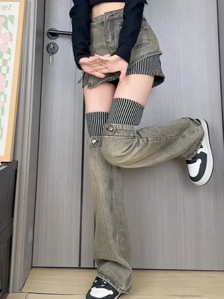 Vintage Washed Denim Skirt Set Asymmetrical Wrap Mini Skirt + Striped Knit Flared Leg Covers Streetwear Outfit