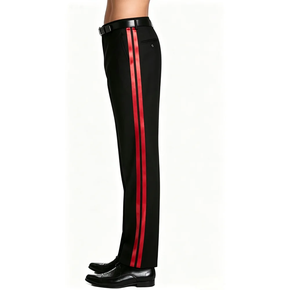 Double Stripe Suits Pant Men's Tuxedo Dress Pants Flat Front Satin Band Trousers Suits Pant