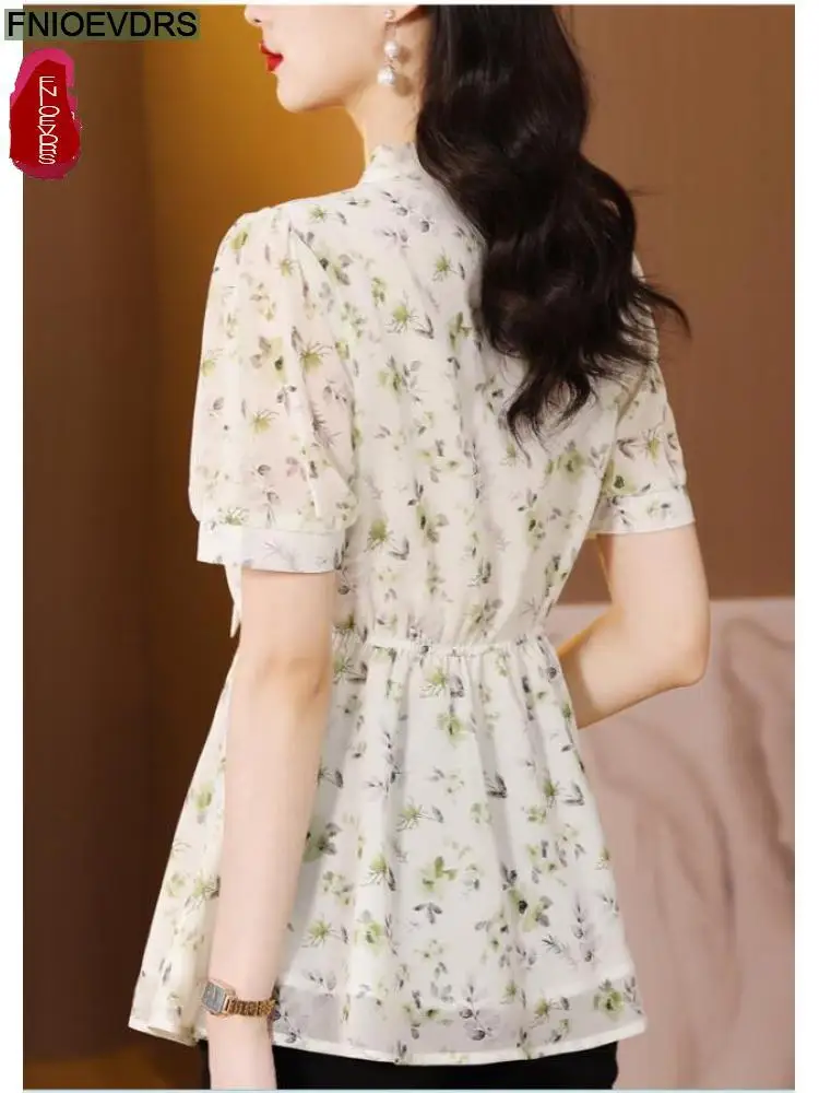 M-4XL 2023 Women Summer European Style Office Lady Drawstring Waist Bow Tie Floral Print Tunic Peplum Tops Blouses