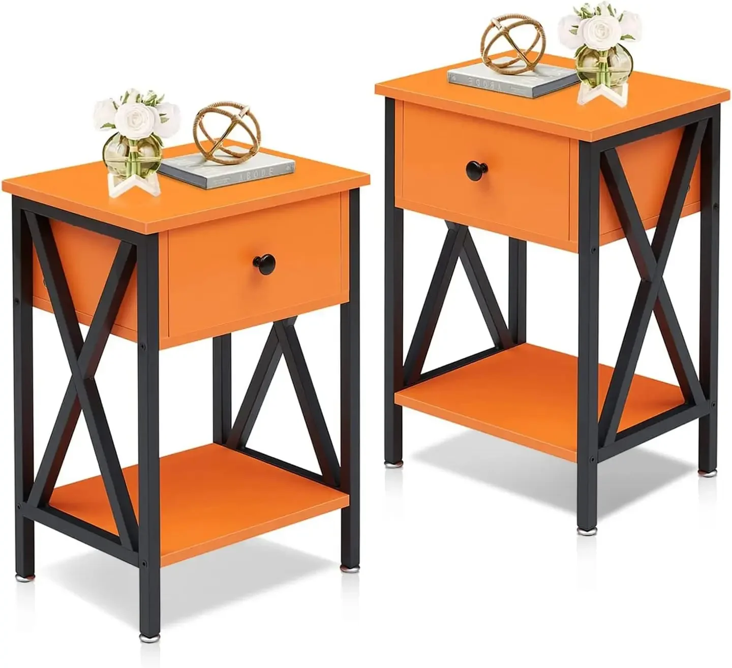 Nightstands End Table X-Design with Drawer and Storage Shelf for Living Room Bedroom, Set of 2, Classic Orange