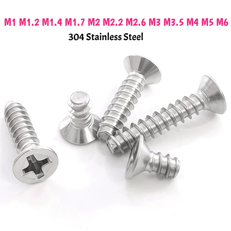 304 Stainless Steel M1 M1.2 M1.4 M1.7 M2 M2.2 M2.6 M3 M3.5 M4 M5M6 Phillips Cross Countersunk Head Self-tapping Flat Tail Screws