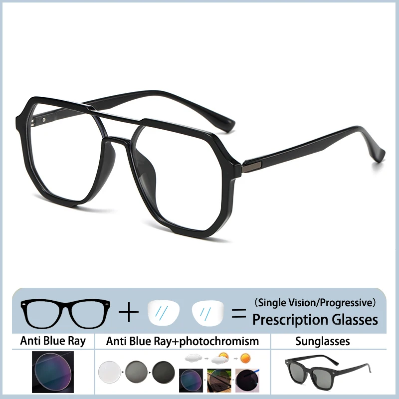 

Brand Design Optical Myopia Glasses Women Double-beam Spectacle Oversized Frame Blue Ray Photochromic Prescription Eyeglasses